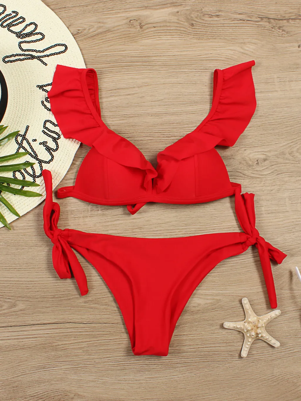 Pure Colour Split Flashing Bikini European And American Sexy Lace Swimsuit - Red