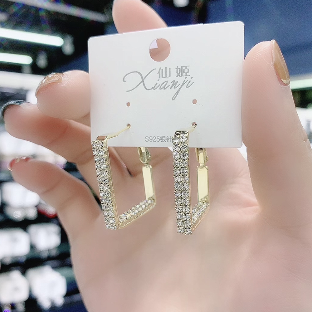 Rhinestone Geometric Square Big Ear Ring