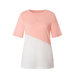 Cross-colour Block Round Neck Contrast Short-sleeved T-shirt - Pink - View 1