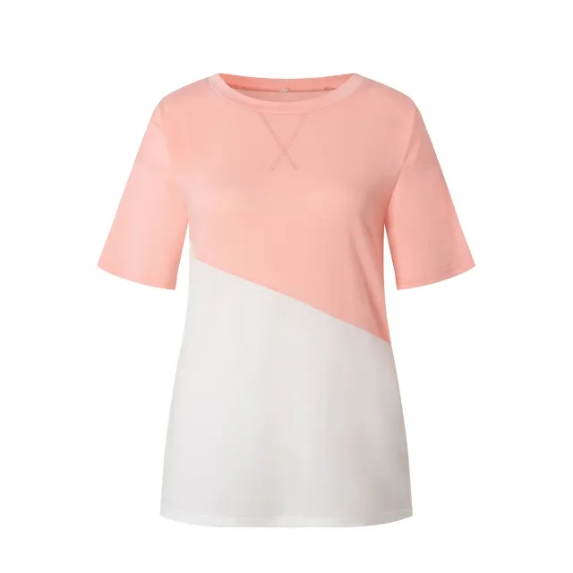 Cross color Block Round Neck Contrast Short sleeved T shirt Pink - Shop at LoveMi