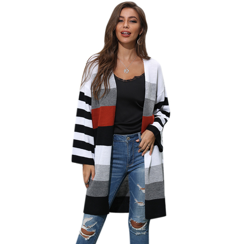 Long Striped Stitching Contrast Sweater Cardigan
