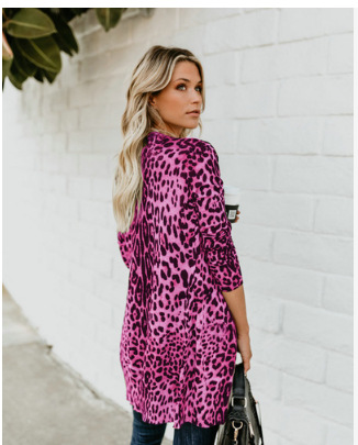 V-neck Long-sleeved Buttoned Leopard Print Coat