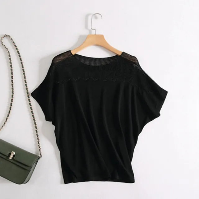 Women's Short sleeved Knitted Simple Ice Silk Loose Top Black - Shop at LoveMi