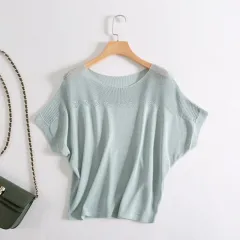 Women's Short-sleeved Knitted Simple Ice Silk Loose Top - Green - View 1