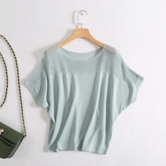 Women's Short sleeved Knitted Simple Ice Silk Loose Top Green - Shop at LoveMi