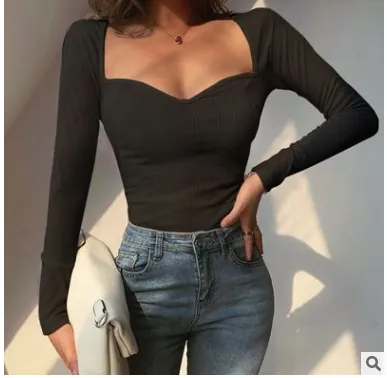 Slim Breasted Solid Color Exposed Clavicle Big Neckline T shirt Women Black - Shop at LoveMi