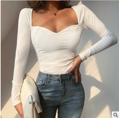 Slim Breasted Solid Color Exposed Clavicle Big Neckline T shirt Women White - Shop at LoveMi