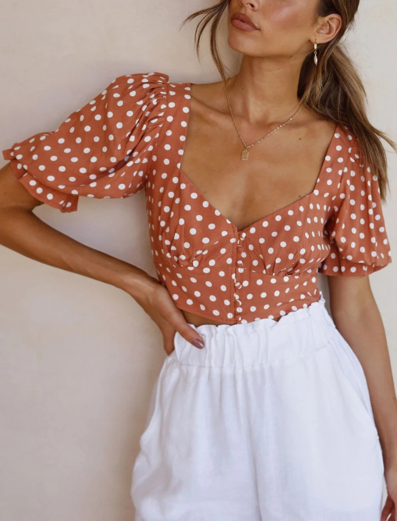 Title 4, V-Neck Short-Sleeved Thin Polka-Dot Printed Chi...