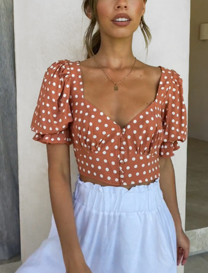 Title 2, V-Neck Short-Sleeved Thin Polka-Dot Printed Chi...