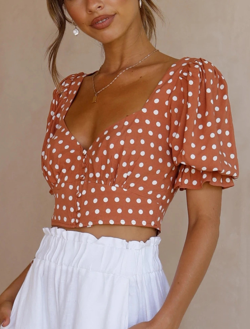 Title 5, V-Neck Short-Sleeved Thin Polka-Dot Printed Chi...