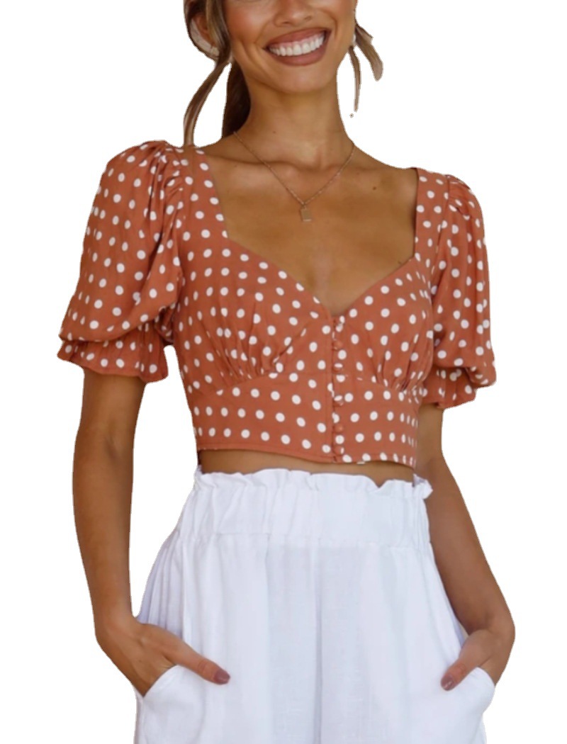 Title 3, V-Neck Short-Sleeved Thin Polka-Dot Printed Chi...