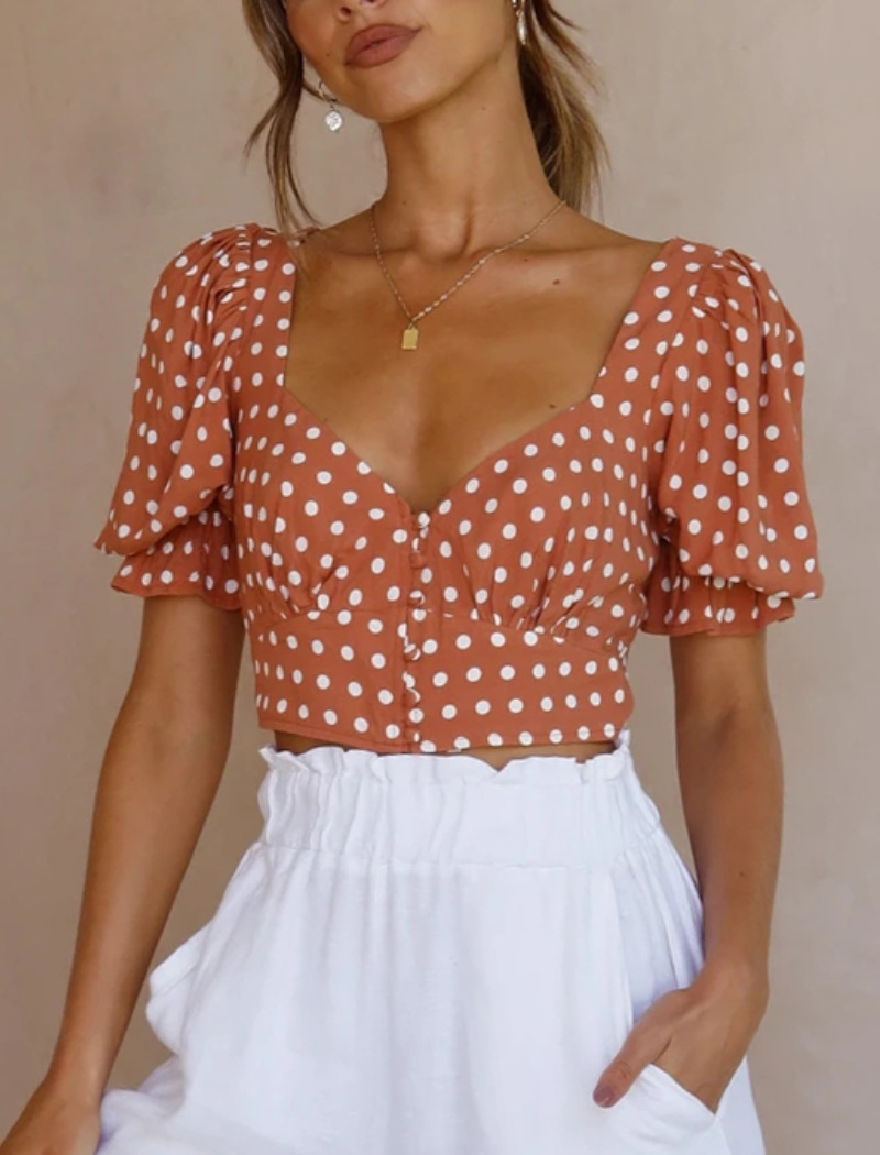 V-Neck Short-Sleeved Thin Polka-Dot Printed Chiffon Top Puff Sleeves