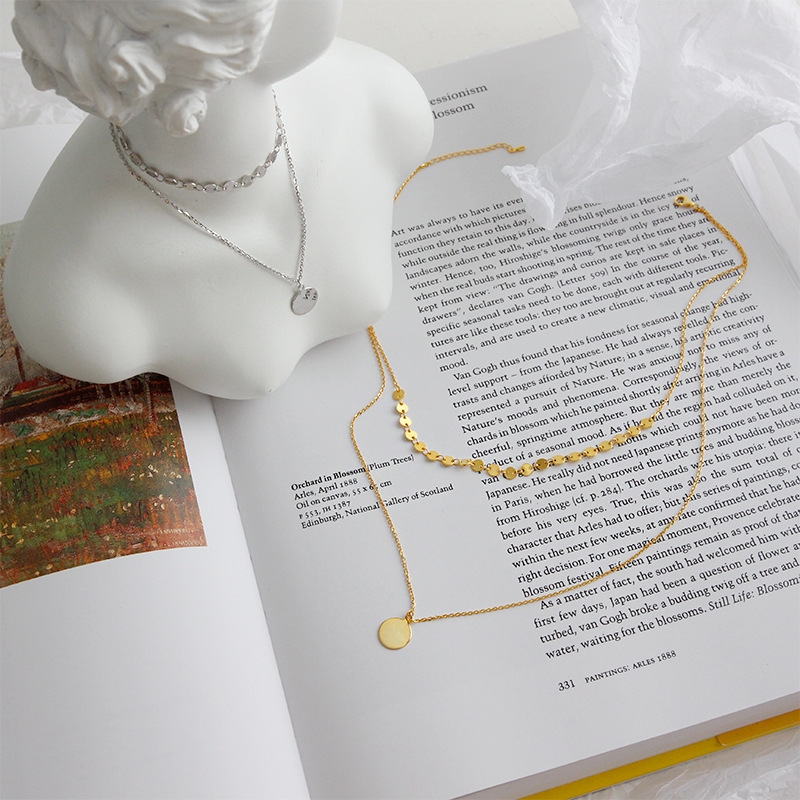 S925 Sterling Silver Necklace Temperament Niche Geometric Disc Double Layer