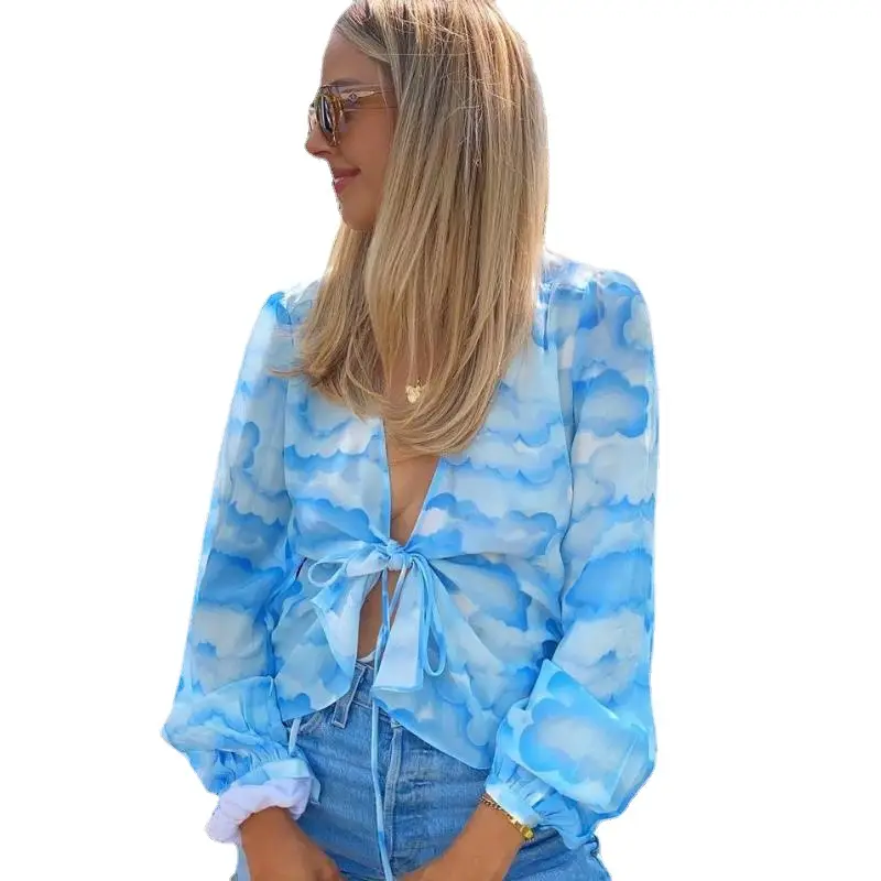 Summer Blue Sky And White Clouds Fashion Casual Loose Chiffon Top