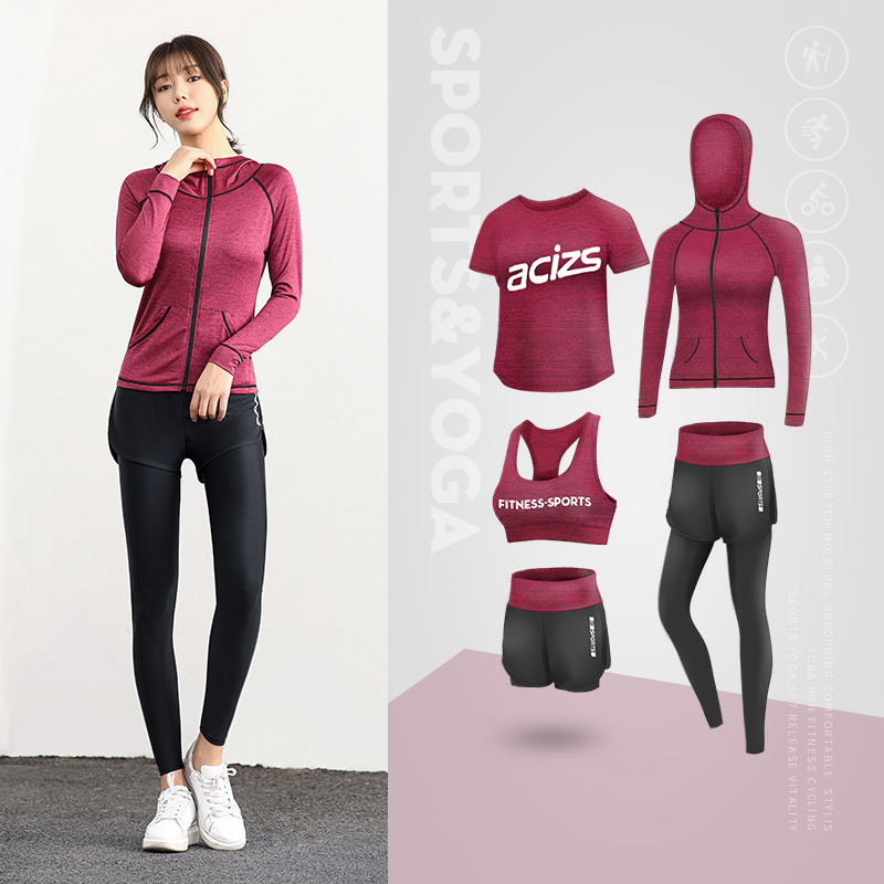 Spring And Autumn Five-Piece New Net Celebrity High Waist Slimming Running Sports Suit Women'S Yoga Wear
