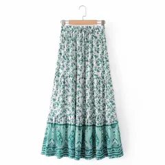High Waist Ethnic Print Slim Retro Skirt - Green - View 1