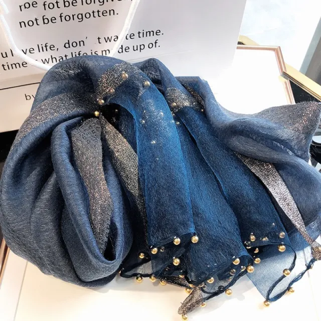 Silk Silk Wool Scarf New Spring And Autumn Silk Scarf With Beads Navy Blue - Shop at LoveMi