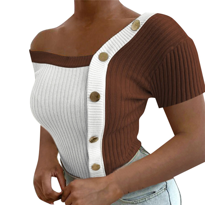 One Word Collar Contrast Color Stitching Pit Strip Short Sleeves