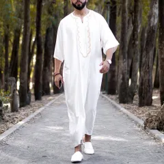 Pure Colour Youth Loose Collarless Casual Half-sleeved White Robe Shirt - White - View 1