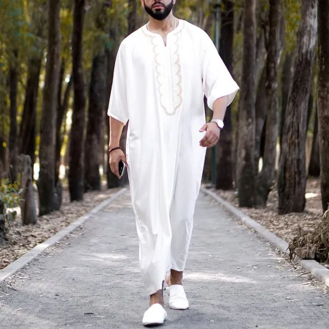 Pure Color Youth Loose Collarless Casual Half sleeved White Robe Shirt White - Shop at LoveMi