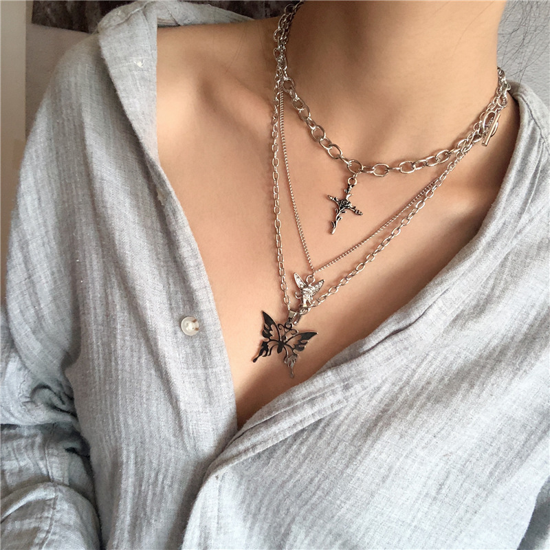 European And American Ins Harajuku Style Net Celebrity Bungee Multi-Layered Angel Rose Butterfly Necklace Tide Cool Hip-Hop Necklace