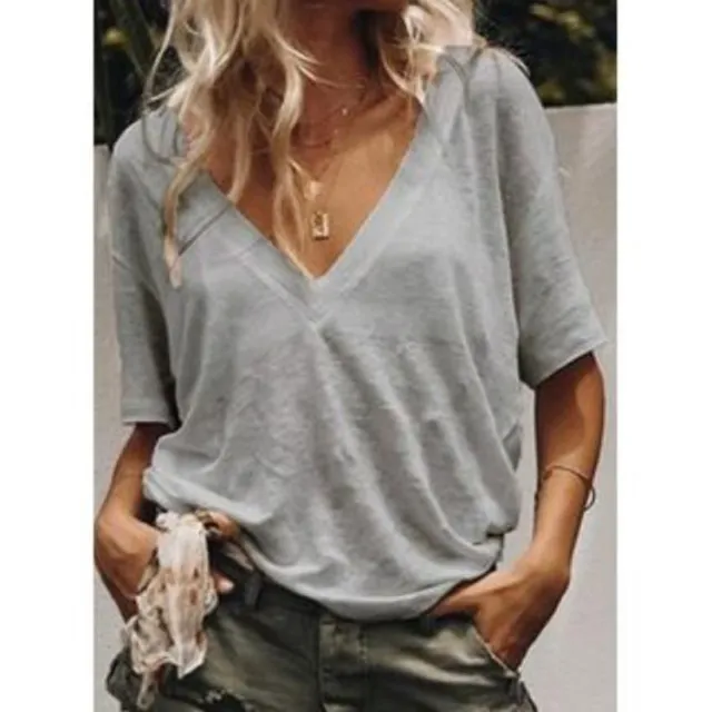 New Style Deep V Neck Short Sleeved Solid Color Casual T Shirt Women's Top Grey - Shop at LoveMi