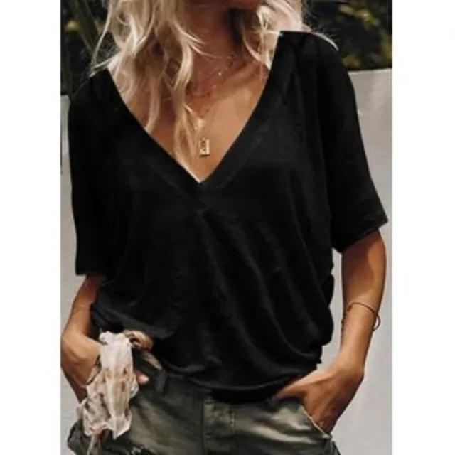 New Style Deep V Neck Short Sleeved Solid Color Casual T Shirt Women's Top Black - Shop at LoveMi
