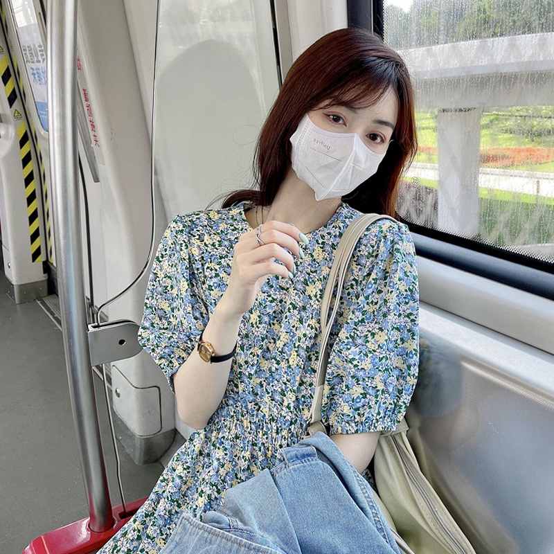 Temperament Early Spring French Bellflower Thin Long Skirt First Love Chiffon Blue