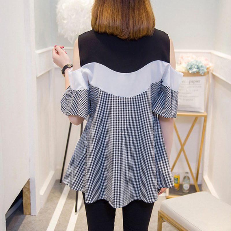 Cover Belly Off-shoulder Plaid Striped Short-sleeved Top