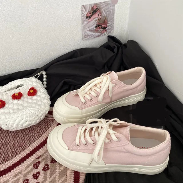 Thick soled Heightened Canvas Shoes Pink - Shop at LoveMi