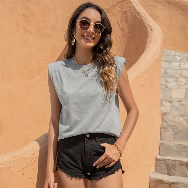 Round Neck Casual Solid Color Sleeveless Vest Grey - Shop at LoveMi