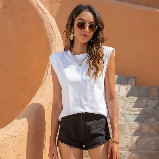 Round Neck Casual Solid Color Sleeveless Vest White - Shop at LoveMi