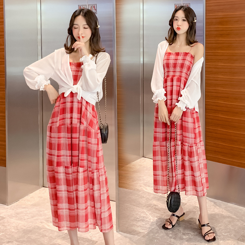 Plaid Sling Chiffon Dress Women