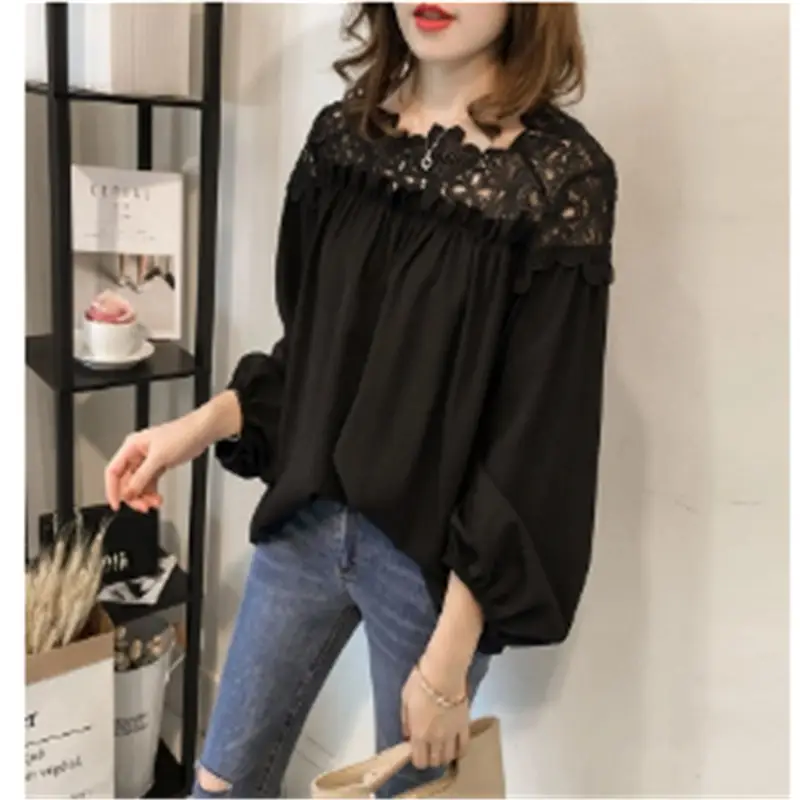 Loose Lantern Sleeve Chiffon Shirt Fashion Lace Crochet Hollow Long Sleeve Base Top