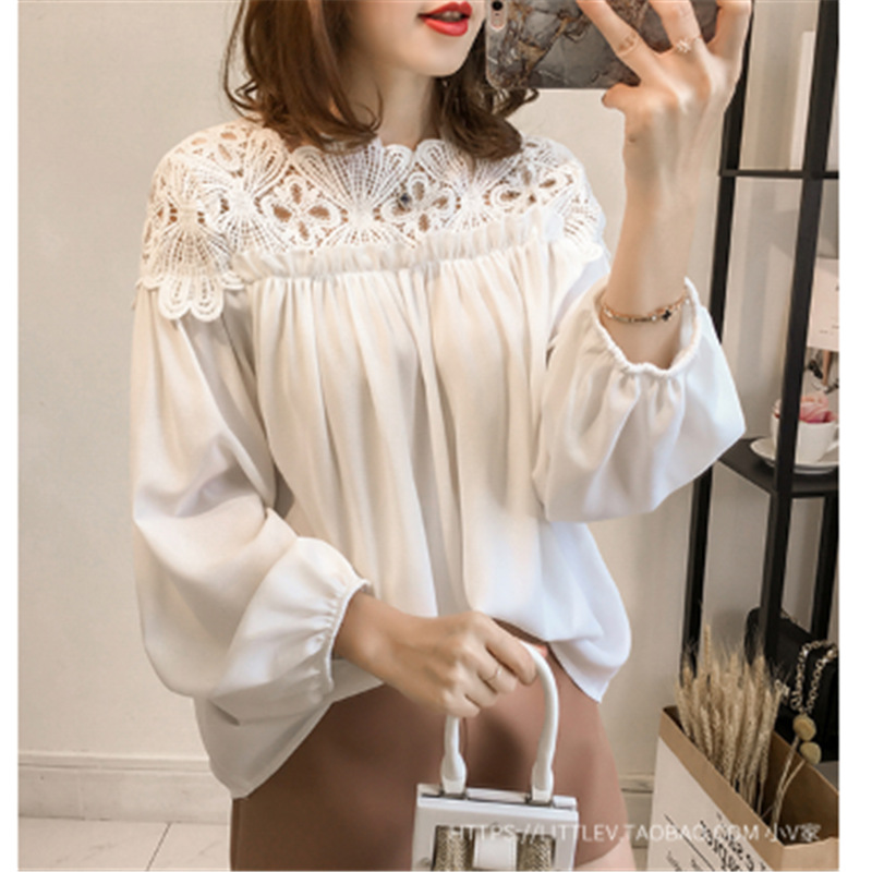 Loose Lantern Sleeve Chiffon Shirt Fashion Lace Crochet Hollow Long Sleeve Base Top