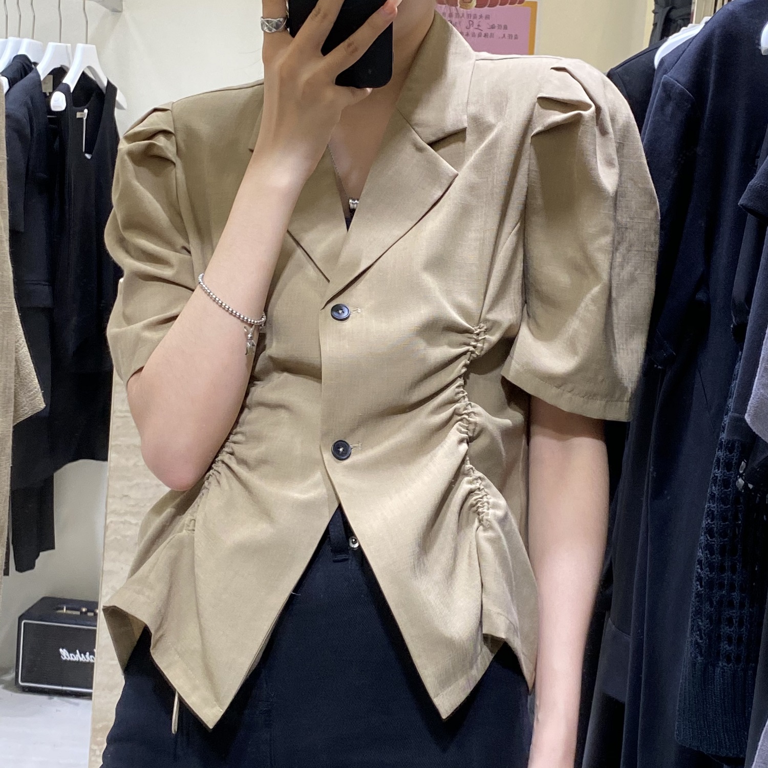 French V-Drawstring Folded Waist Blouse Women's Suit Collar Top Bubble Short Sleeve