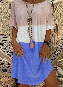 Short-sleeved Loose Color-blocking Ladies Dress