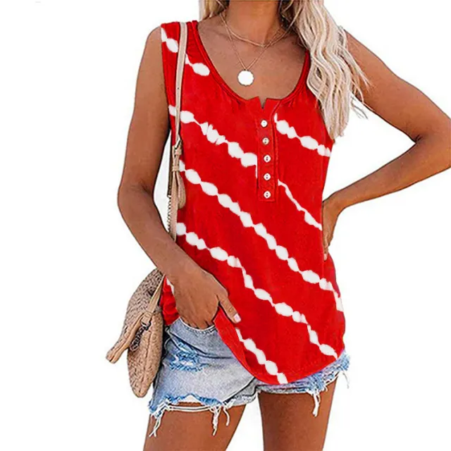 Women's Casual Round Neck Diagonal Stripe Neckline Button Sleeveless T Shirt Vest Red - Shop at LoveMi