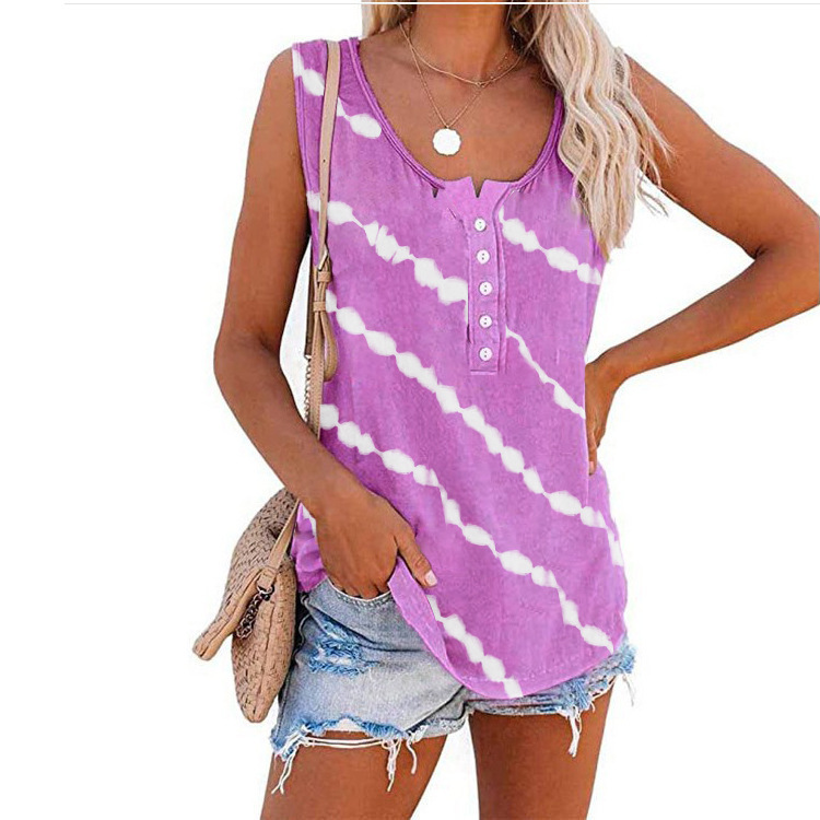 Women's Casual Round Neck Diagonal Stripe Neckline Button Sleeveless T Shirt Vest