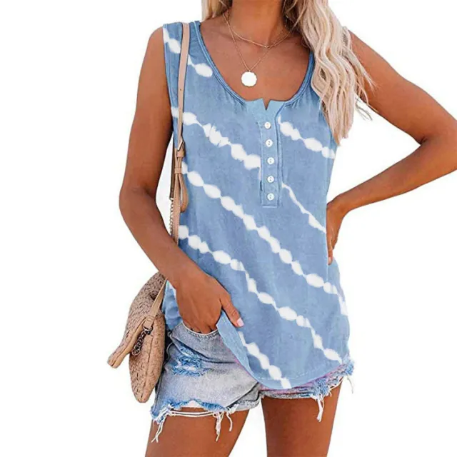 Women's Casual Round Neck Diagonal Stripe Neckline Button Sleeveless T Shirt Vest Light Blue - Shop at LoveMi