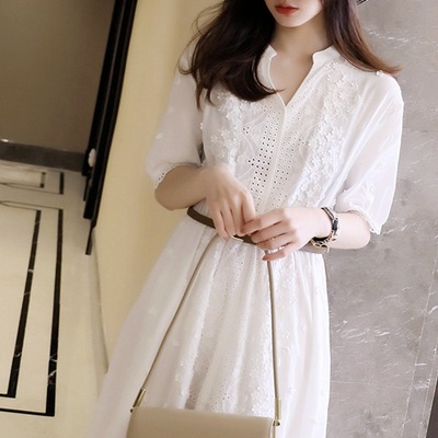 Embroidered Elastic Waist Small White Dress Women — image 1
