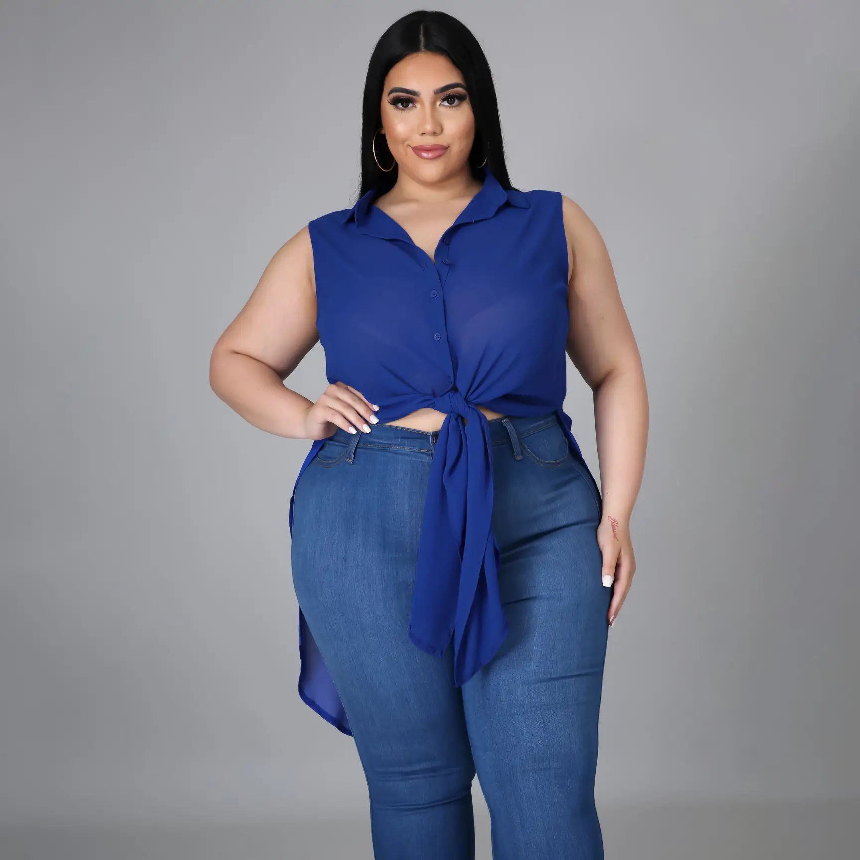 Lace-up Slit Chiffon Solid Color Plus Size Women's Long Shirt