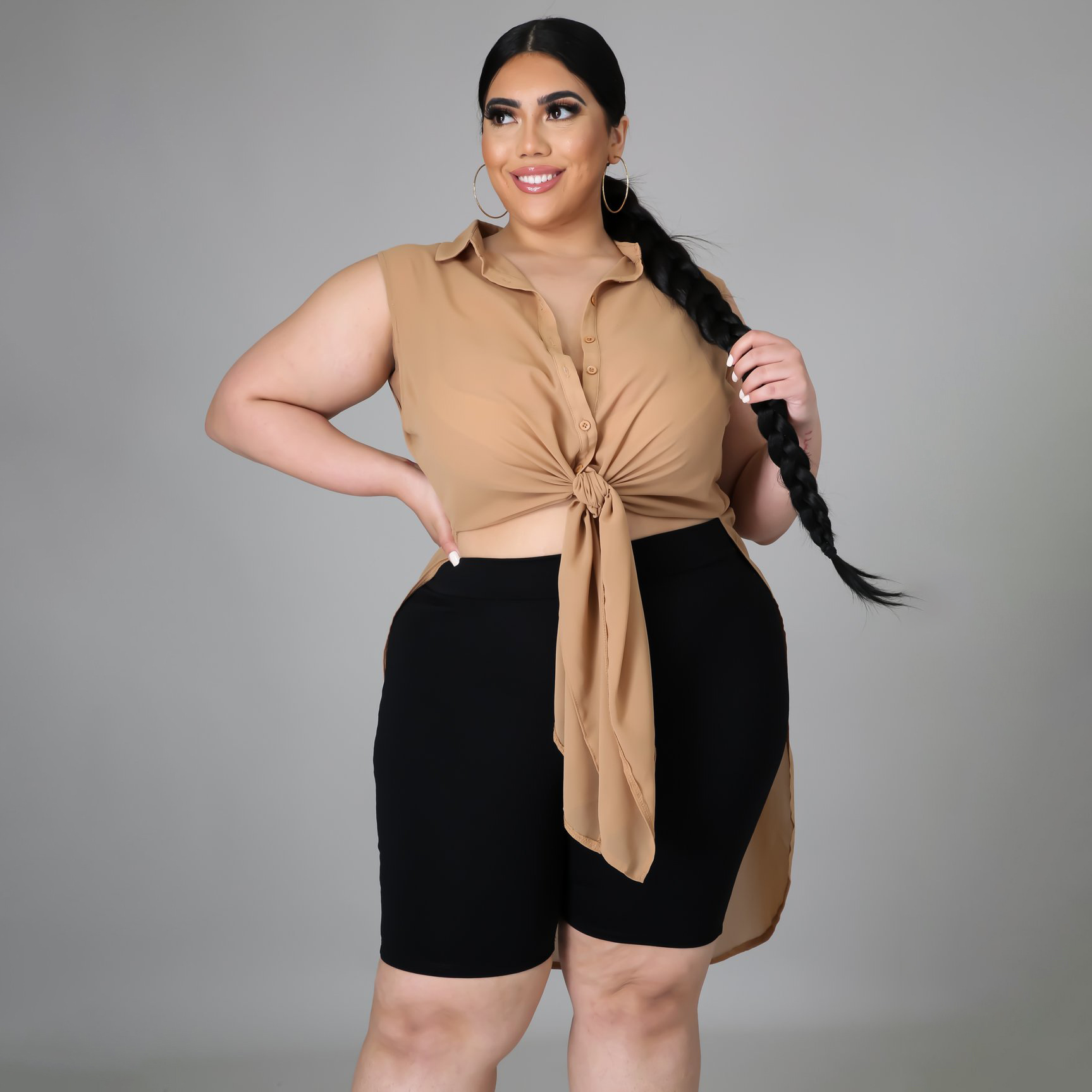 Lace-up Slit Chiffon Solid Color Plus Size Women's Long Shirt