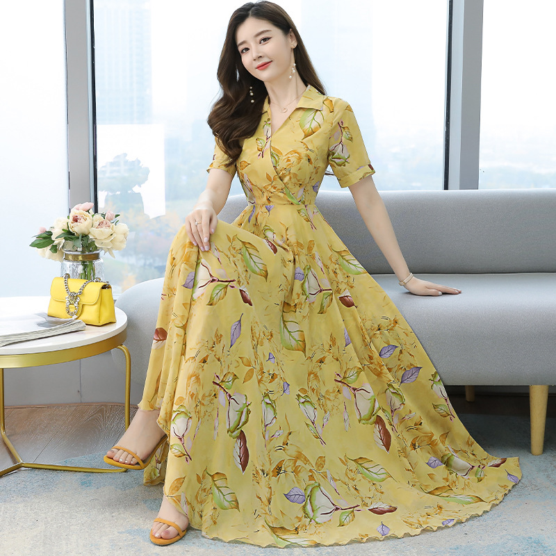 Chiffon Dress Female Spring And Summer New Style Western Style V-neck High Waist Thin Yellow Printed Long Skirt