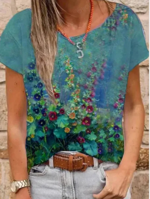 Summer Printed Women's V Neck Short Sleeved T Shirt Blue - Shop at LoveMi