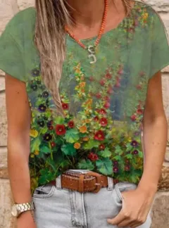 Summer Printed Women's V Neck Short Sleeved T Shirt - Green - View 1