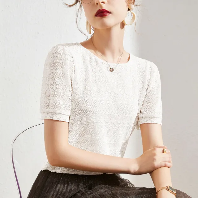 French Puff Sleeve Crew Neck Top White - Shop at LoveMi