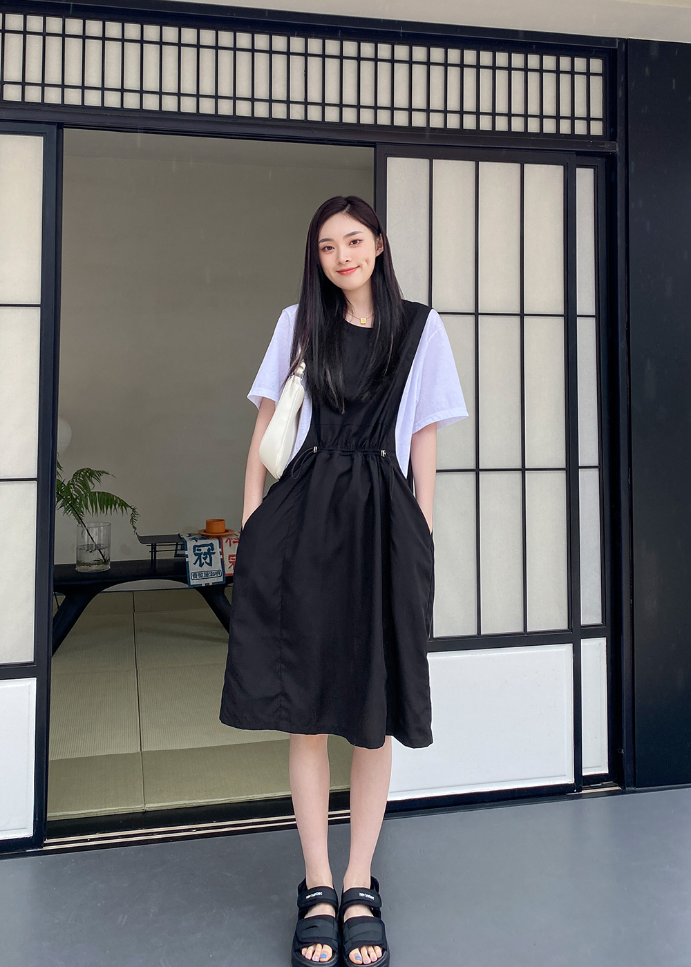 Summer Tencel Fake Two Piece Stitching Contrast Color Waist Small Black Skirt