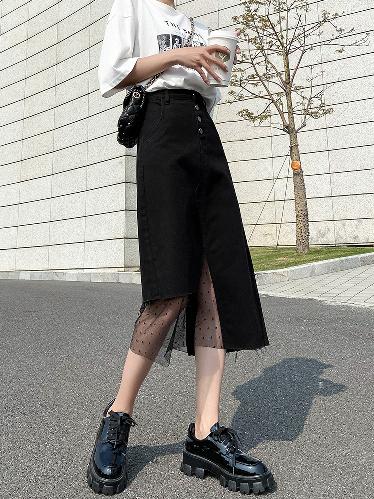 Black Split Denim Skirt Female Summer New High Waist Mid-length Irregular Bag Hip A-line Mesh Skirt