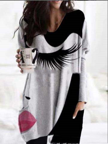 Printed Round Neck Long Sleeve Loose Ladies Long Top T Shirt